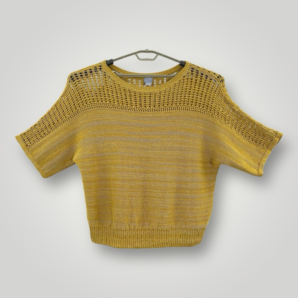 Chico's Mixed‎ Stitch Yellow Pullover Sweater Womans 2XL (4) Elbow Length Sleeve